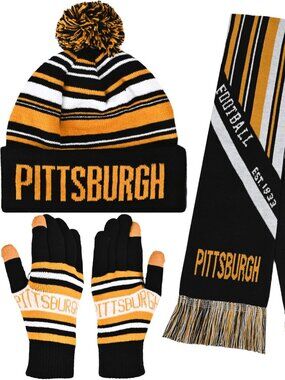Pittsburgh Football Black Gold White Striped Beanie Matching Gloves & Scarf-NEW